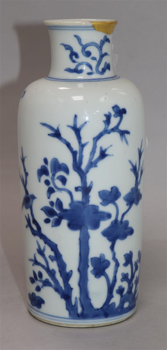 A Chinese blue and white vase, Transitional period, mid 17th century, height 19.8cm, gilt repair to rim